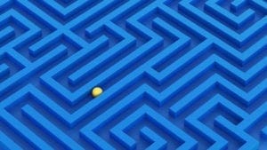 Maze concept with metal ball inside. Abstractive minimal background idea